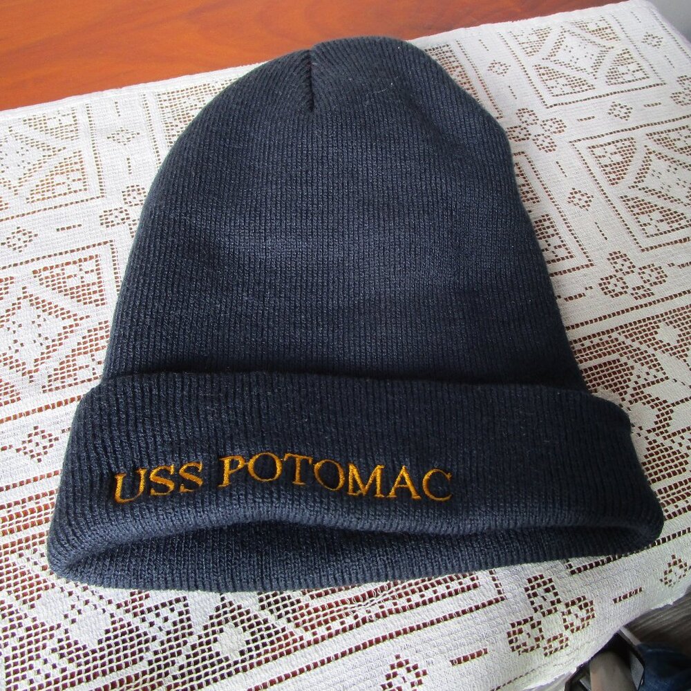 USS Potomac watch cap, Navy blue and gold knit cap, 100% acrylic